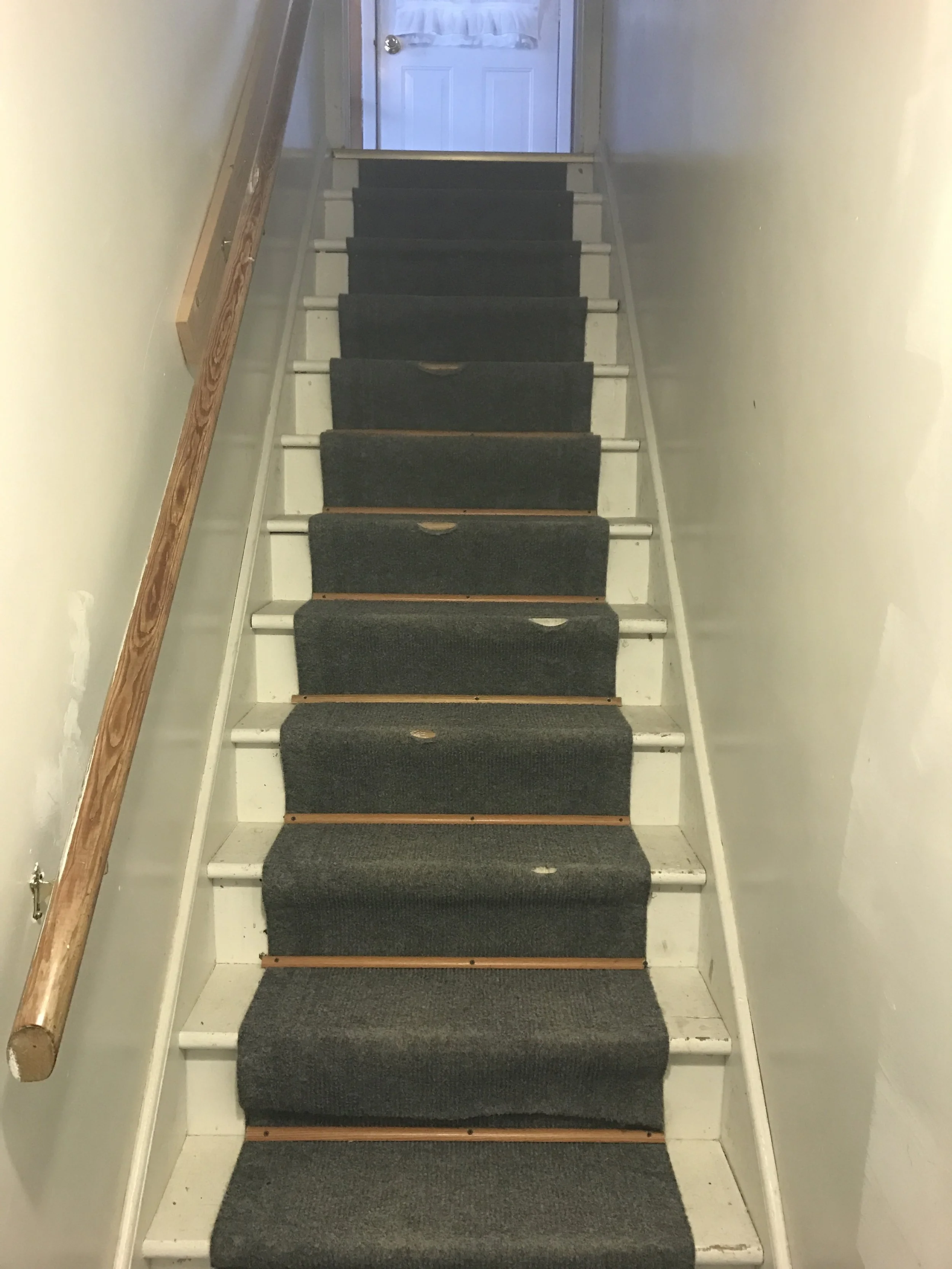 Staircase with dark carpet runner, white door with lace curtain and neutral wood tones