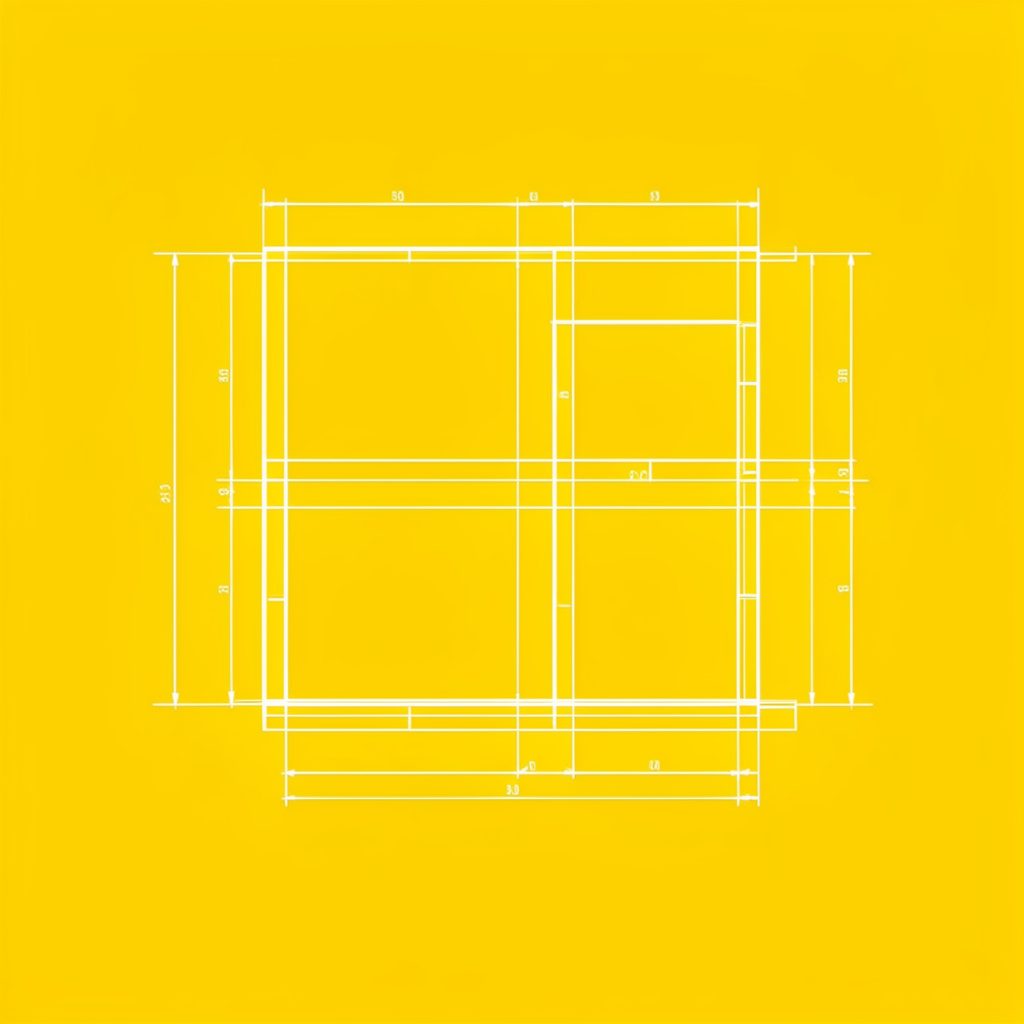 Abstract blueprint sketch of overlapping rectangular floor plan diagrams on dark paper, faint white grid lines and a few gold ink marks, moody and technical
